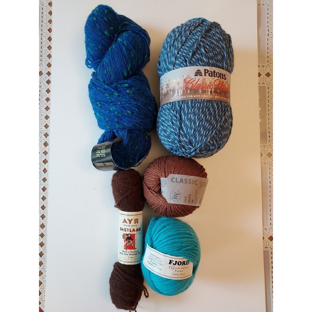Lot Of 5 Wool Yarn, Patons, Fjord, Tahki Imports, Blues And Brown